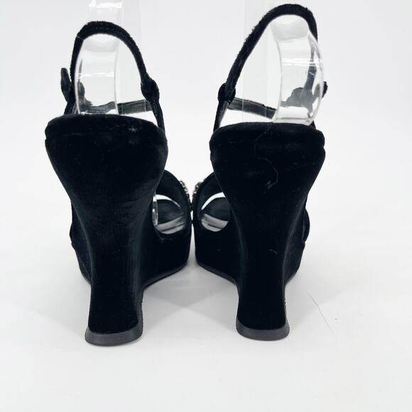 Vintage Prada Black Velvet Jeweled Embellished Platform Wedge Heel Sandals IT 37 - Picture 7 of 10